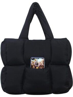 Women's 01-Black Lightweight Puffer Tote Adjustable Shoulder Strap Handbag